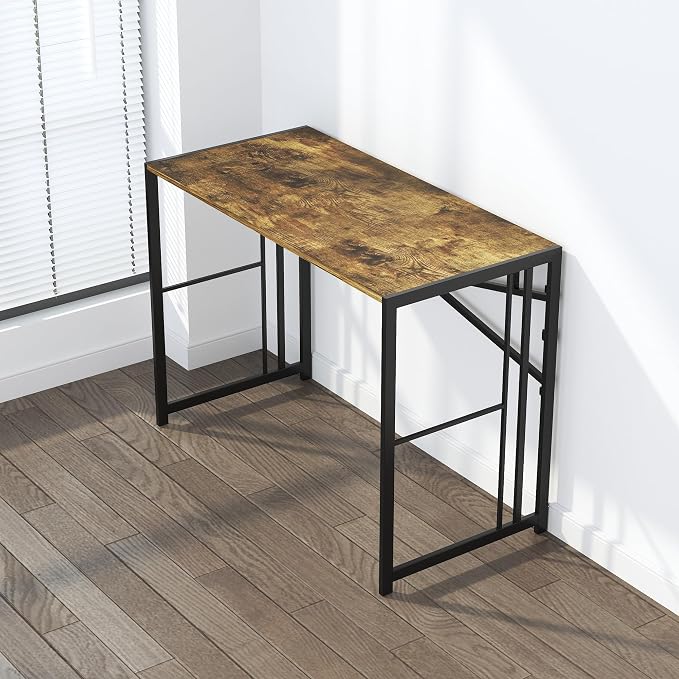 Lutown-Teen 35 inch Small Folding Computer Desk, Writing Gaming Computer Desk for Small Spaces, No Assembly Required Home Office Tale, Rustic Brown