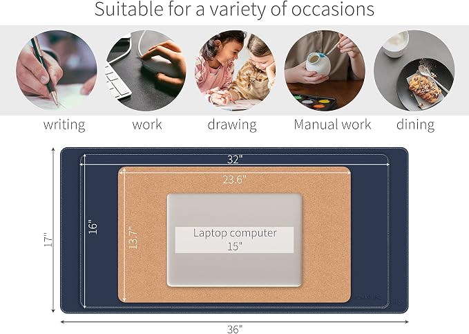 RENMTURE Dual-Sided Mouse Pad, Natural Cork & PU Leather Large Desk Pad for Office and Home Work, Desk Protector Non-Slip, Waterproof, Easy Clean (Dark Blue, 23.6" x 13.7")