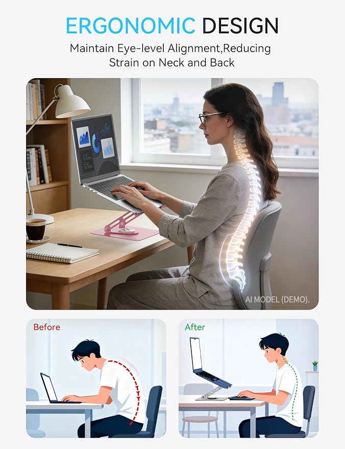 SOUNDANCE 360 Rotating Laptop Stand, Ergonomic Computer Riser for Desk, Adjustable Height Multi-Angle Metal Holder, Foldable Portable Notebook Elevating Base for Office & Home, Pink