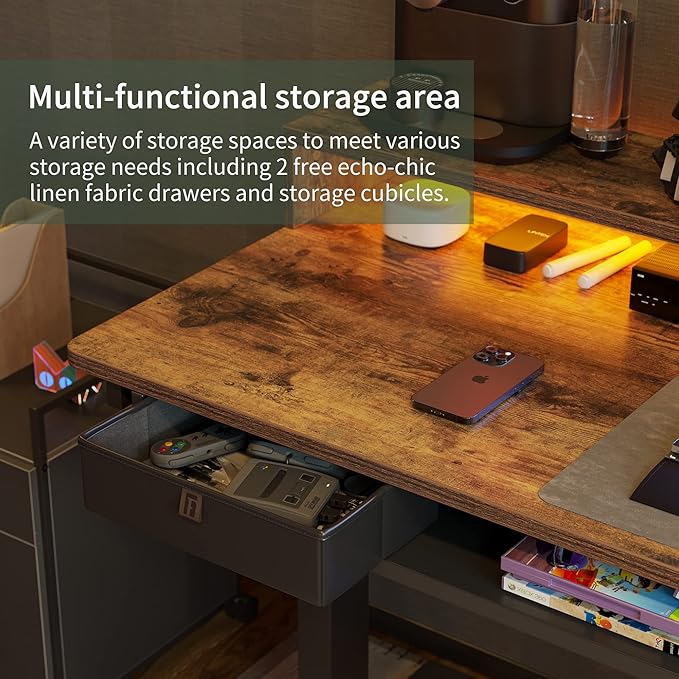 FEZIBO 63"x49" L Shaped Standing Desk with LED Strip & 2 Drawers, Upper and Lower Storage Shelves Available, Electric Height Adjustable, for Gaming, Office, Rustic Brown