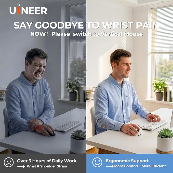 Uineer Ergonomic Wireless Vertical Mouse, Tri-Mode Bluetooth 5.0/4.0 and 2.4G USB, Rechargeable Silent Computer Mouse for Laptop, MacBook, iPad and PC, 4 DPI Levels, LED Light, 3-Device Switching