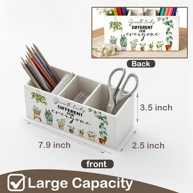 Botanical Mental Health Wooden Pen Holder for Desk, Growth Looks Different for Everyone Motivational Pencil Organizer Wooden Box Sign for Therapy Counseling Office Classroom Decoration