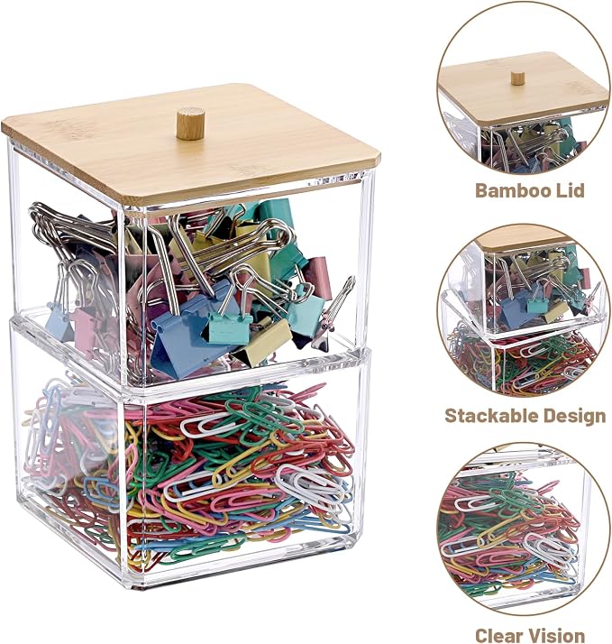 BTSKY Clear Stackable Paper Clip Holder with Bamboo Lid 2-Layer Paperclip Box Thick Acrylic Office Supply Accessory Organizer Square Small Storage Holder Cute Qtip Holder for Office Bathroom Vanity
