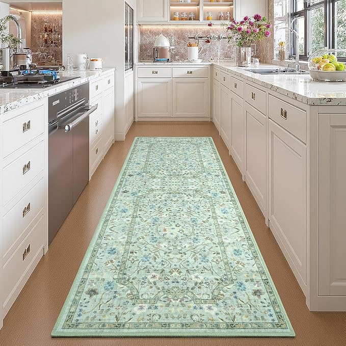 Vasofe 2x6 Area Rug for Bedroom, Ruuner Rugs for Entryway, Kitchen, Hallway, Non-Slip Washable Carpet Soft Low Pile Vintage Floral Light Green Mat Front Door Mats for Bathroom Indoor Entrance