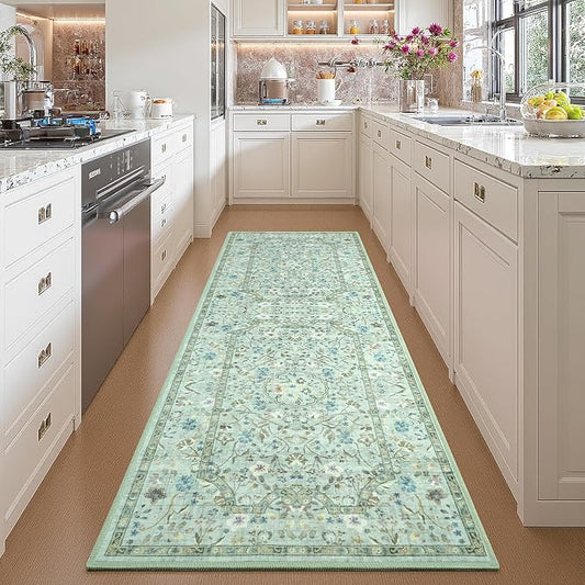 Vasofe 2x6 Area Rug for Bedroom, Ruuner Rugs for Entryway, Kitchen, Hallway, Non-Slip Washable Carpet Soft Low Pile Vintage Floral Light Green Mat Front Door Mats for Bathroom Indoor Entrance