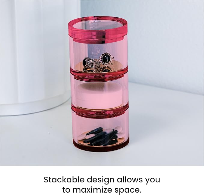 3-Tier Stackable Acrylic Holder- Stylish Desk Organizer and Storage for Office or Home – Transparent Round Design, Pink with Silver Metal Base