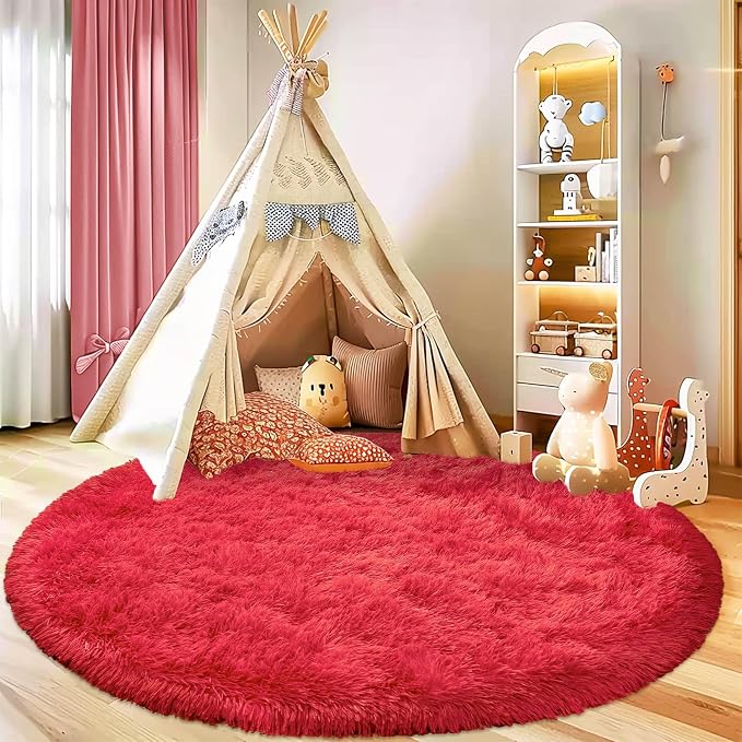 Awaytail Round Fluffy Circular Rug 8FT Red - Super Soft Shaggy Furry Carpet for Kids & Nursery