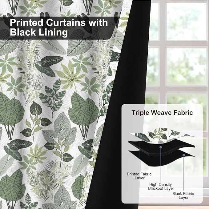 Blackout Curtains 84 Inch Length 2 Panels Set, Tropical Leaves Pattern Printed Thermal Insulated Drapes Noise Reduction Room Darkening Grommet Blackout Curtains for Bedroom Living Room Window