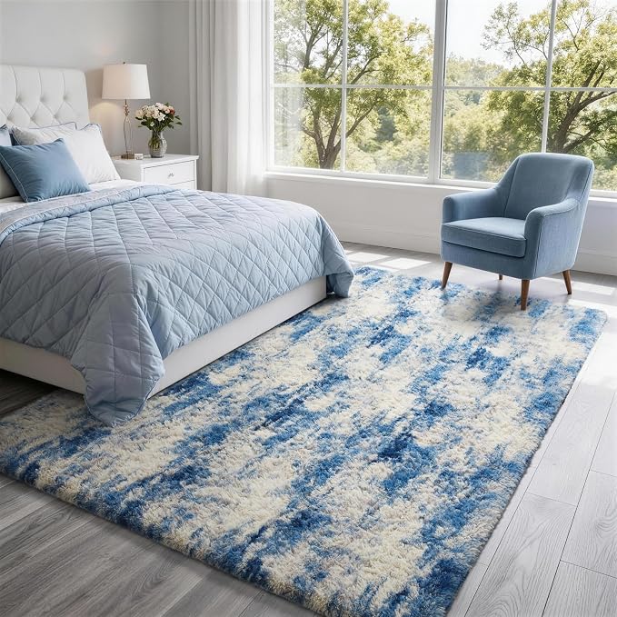 Ophanie 6x9 Blue and Gray Area Rugs for Living Room,Large Navy Grey White Fluffy Shag Fuzzy Plush Soft Carpets,Floor Shaggy Rugs for Bedroom,Carpet Kids Boys Dorm Decor with Over 99 pcs Pile fibers