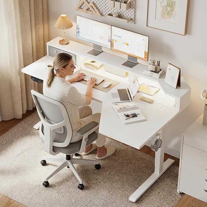 Agilestic 63 Inch L Shaped Electric Standing Desk with Shelf, Height Adjustable Large Desk with Power Outlet & LED, Corner Sit Stand Up Table with Monitor Stand, Computer Workstation, White