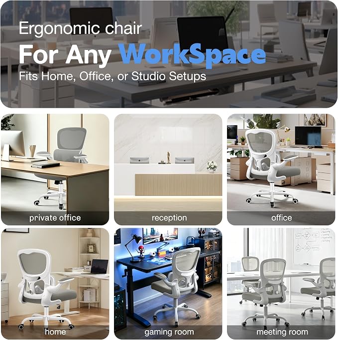 ALLGOD Ergonomic Office Chair, Breathable Mesh Ergonomic Desk Chair with Adjustable Lumbar Support, Flip-up Armrests, Computer Chairs Comfortable for Home, Office, Work, 300lbs, LightGray, Upgrade