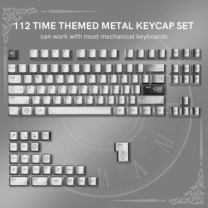 womier Metal Paint Textured Mechanical Keyboard Keycaps, Retro Dye Sub & Double Shot PBT Keycaps 60 75 100 Percent, Cherry Profile Custom Aluminum Keyboard Keys Caps Set 112 Keys, Space Gray