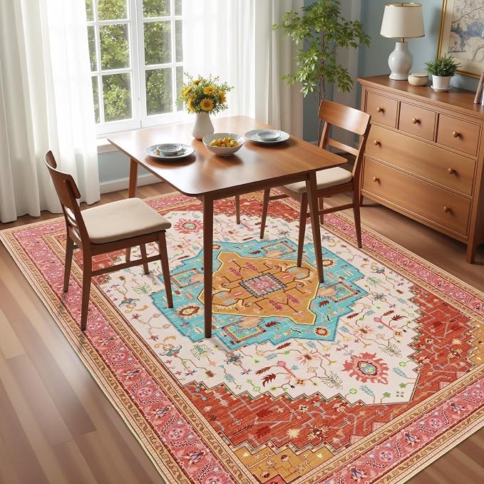 Macgace 6x9 Orange Pink Area Rug for Living Room, Machine Washable Rugs with Non-Slip Backing for Bedroom, Vintage Medallion Carpet Dining Room Office Kids Room Decor