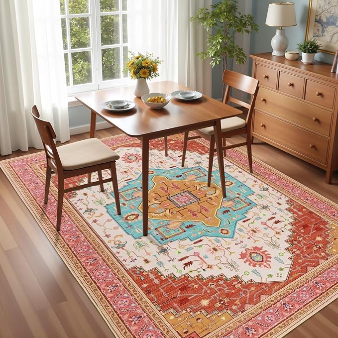 Macgace 4x6 Orange Pink Area Rug for Living Room, Machine Washable Rugs with Non-Slip Backing for Bedroom, Vintage Medallion Carpet Kitchen Laundry Kids Room Decor