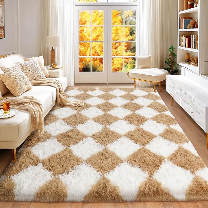 Checkered Rug 4x6 for Bedroom, Ultra Fluffy Shag Area Rugs for Living Room, Upgrade Anti-Skid High Pile Soft Rug Fuzzy Carpet for Living Room Bedroom Kids Room Nursery, Dorm Home Decor, White Camel
