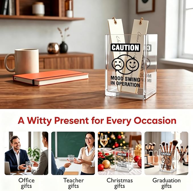 Funny Office Acrylic Cosmetic Pen Pencil Holder Cup, Caution Mood In Operation Pencil Organizer, Humor Unique Desk Accessories, Minimalist Sarcastic Gifts for Women Men Boss Employee（A09）