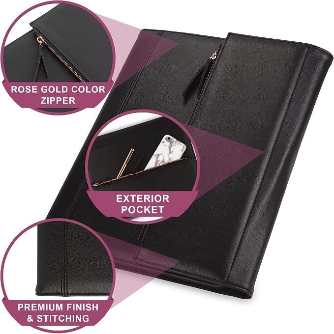Samsill Professional Faux-Leather Padfolio for Women with Magnetic Flap Closure, Pen Loop and Side-Loading Notepad, Black