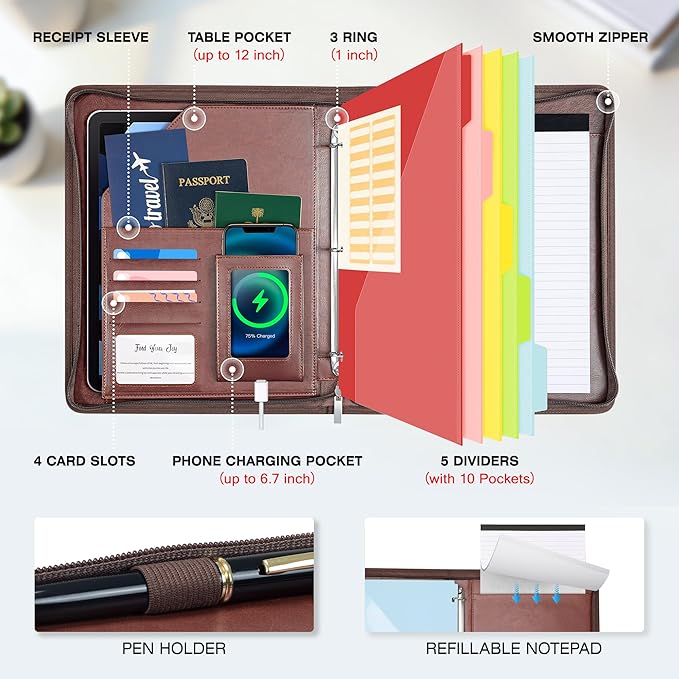 Ospelelf Zippered Padfolio Organizer, Faux Leather 3 Ring Binder with Clipboard, Letter Size Business Portfolio with Notepad, Tablet Sleeve & Phone Pockets for Office Work Brown