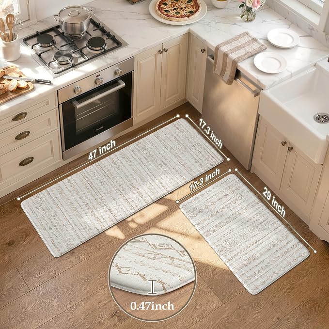 KIMODE Kitchen Mats Cushioned Anti Fatigue, Farmhouse Kitchen Rugs Sets of 2, Memory Foam Kitchen Mats for Floor, Waterproof Standing Mat for Kitchen Decor Laundry Office Desk Khaki 17"x47"+17"x29"