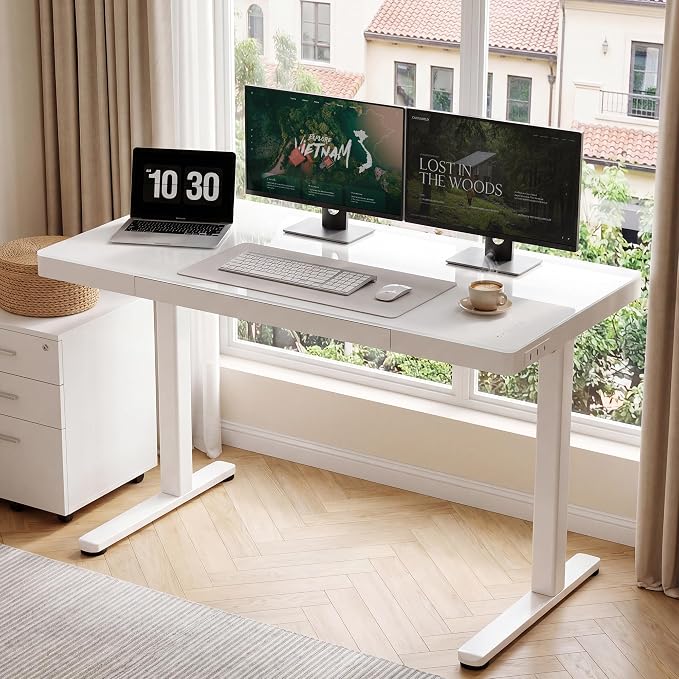 Claiks Touch Screen Glass Standing Desk with Drawers and USB Ports, 48×24 Inch Adjustable Stand Up Desk, Quick Install Home Office Glass Top Computer Desks, White