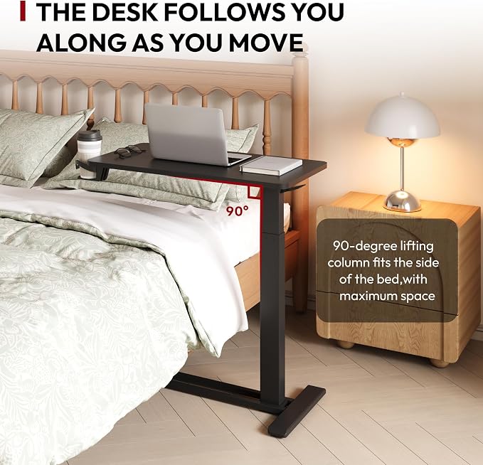 SANODESK 32'' Mobile Standing Desk with Hidden Wheels,Pneumatic Laptop Desk | Sofa Computer Cart Movable Height Adjustable Table Small Sit Stand Desk for Home Office Hospital Use,31.5" W x 17.7" D,Black