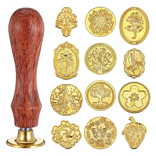 Wax Seal Stamp Kit,12pcs Sealing Wax Stamp Heads Flower Classical Wax Sealing Stamp Crafts Wax Seal Stamp with a Wooden Handle for Invitation Envelopes Letters