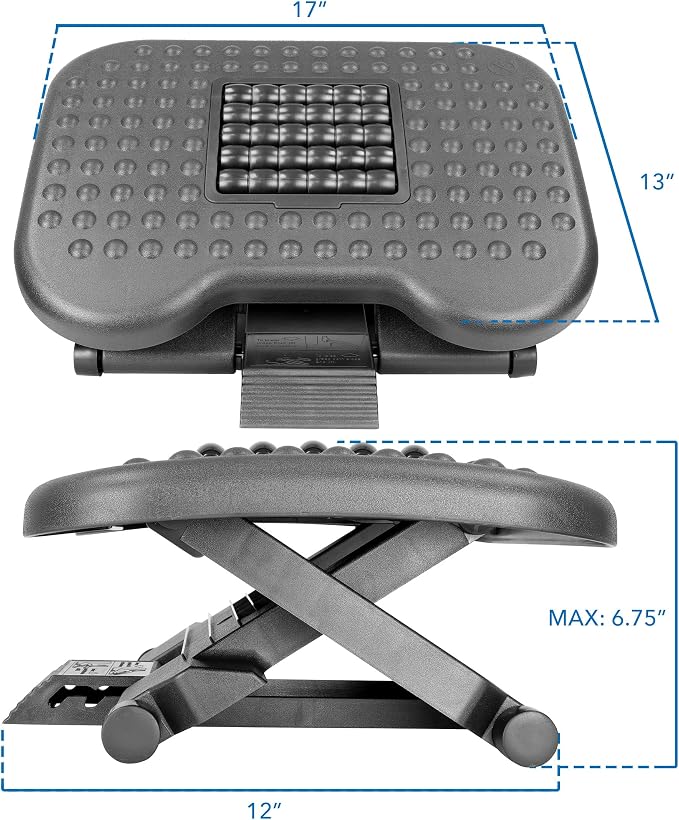 Mount-It! Ergonomic Under Desk Footrest with Massage Rollers, Adjustable Height & 30° Tilt Foot Rest Under Desk (4.25"–6.75"), Office Foot Stool with Non Slip Surface