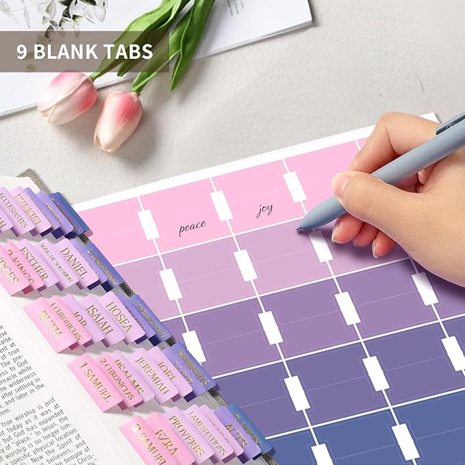 Bible Tabs for Women & Men, Bible Tabs for Study Bible, Large Print Neutral Bible Tabs for Easy Navigation, Bible Index Tabs, 66 Tabs Old & New Testament, Extra 9 Blank Tabs - Violet Ombre