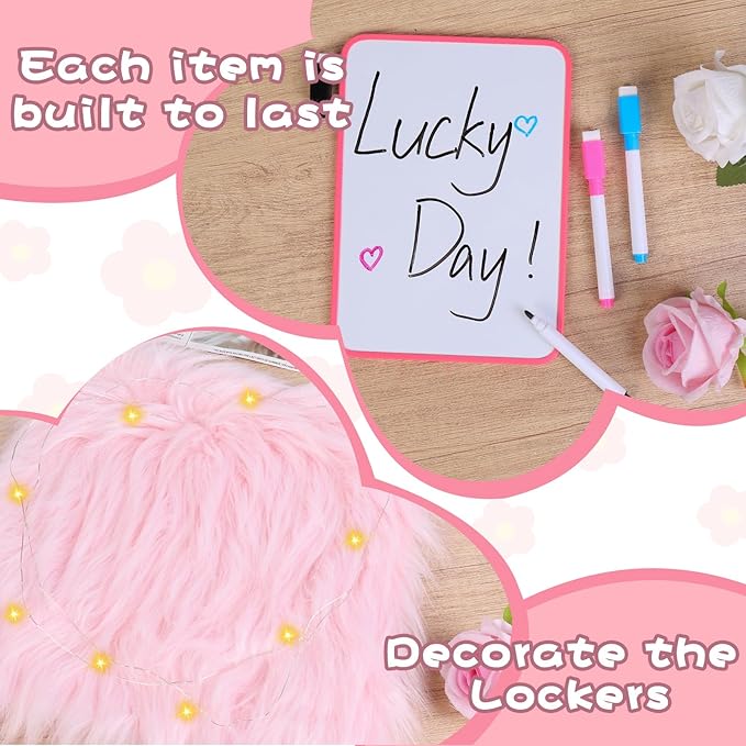 18 PCS Pink Locker Accessories Kit Back to School Locker Decorations Supplies for Girls Includes Whiteboard Mirror Organizer Markers Hook Rug String Lights Sticky Notes and Cute Flower Magnets