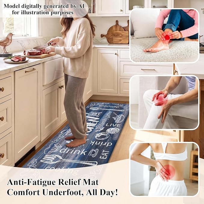 HEBE Anti Fatigue Kitchen Rugs Set of 2, Non Slip Cushioned Kitchen Mats for Floor, Waterproof Farmhouse Comfort Standing Desk Mat for Kitchen Sink,Office,Laundry
