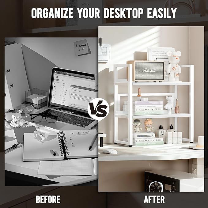 Brakki Desk Shelf Organizer, 2-Tier Desktop Bookshelf, Small Office Shelf | Adjustable Shelf, Metal Desktop Rack for Dorm, with Foot Mat, Multi-Functional Organization, White