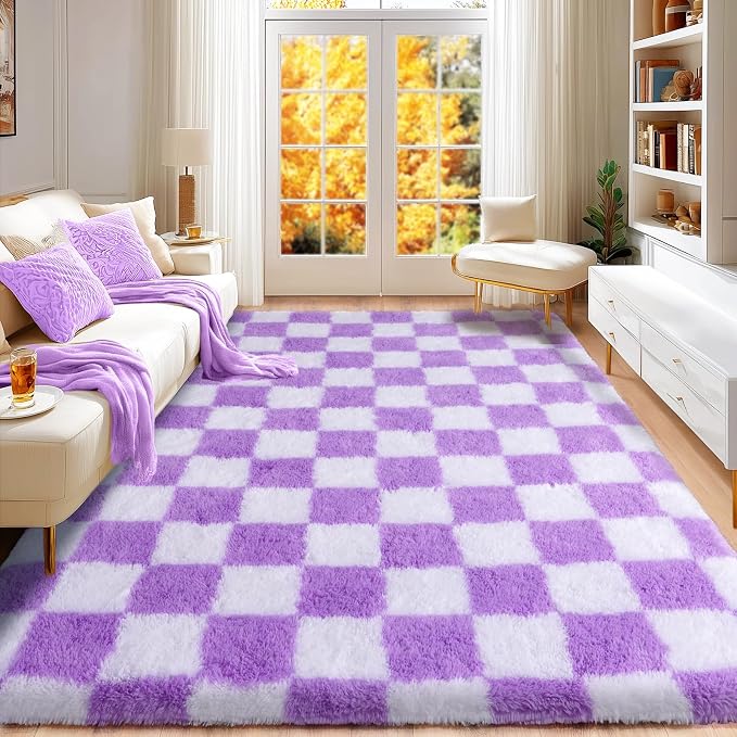 Checkered Rug for Bedroom 5x7, Ultra Fluffy Shag Area Rugs for Living Room, Anti-Skid Indoor High Pile Soft Rug Carpet for Living Room Bedroom Kids Room Nursery, Dorm Home Decor, White and Purple