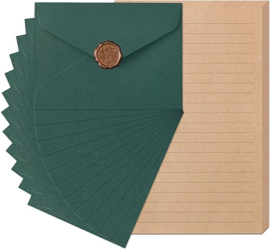 48 Pieces Stationery Set with Envelopes (24 Kraft Paper Sheets + 12 Linen Texture Envelopes+12 Wax Seal Stickers), Stationery Letter Writing Paper Set for Love Letters and Party Invitations(Green)
