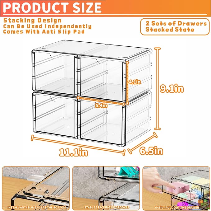 2 Pack Acrylic Storage Drawers With 4 Drawers,Stackable Desk Organizers and Makeup Organizer,Large Clear Office Supplies Organizer for Pen,Medical,Art Craft,Stationery Organizer for Countertop