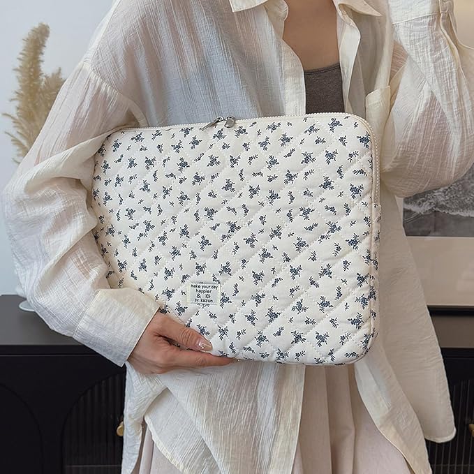 Cute Laptop Sleeve 13-15 inch Laptop Case Aesthetic Quilted Laptop Sleeve Computer Bag with Flower Printing for MacBook (Blue, 13inch)