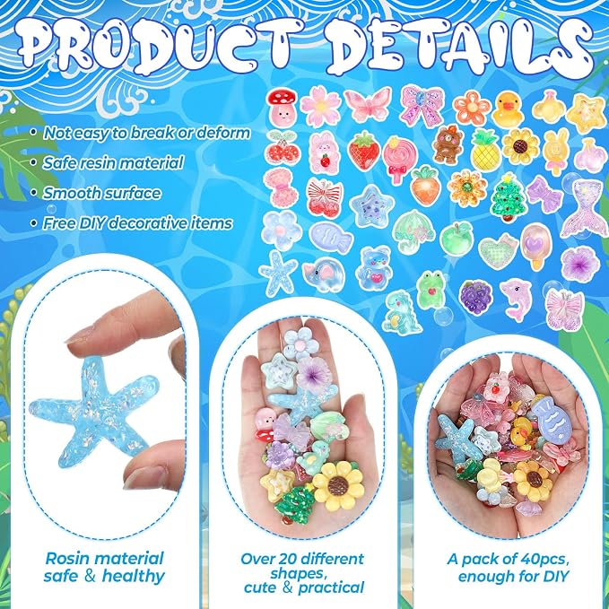 Giegxin 40 Pcs Colorful Slime Resin Charm Bear Peacock Flower Fruit Lollipop Flatback Cabochon Accessories Cute Embellishments Bulk for Jewelry Cellphone Case Scrapbooking Headband DIY Craft Making