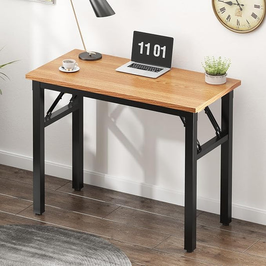 SogesHome No Assembly Folding Computer Desk, 31.5 Inch Small Compact Desk for Home Office, Modern Writing Table with Adjustable Leg Pads, Gaming Desk for Living Room and Small Spaces, Teak & Black