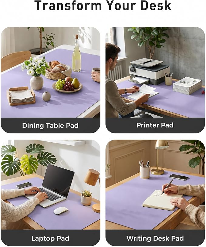 Aothia Faux Leather Desk Mat – Large Desk Pad & Mouse Pad, Smooth Writing Surface, Waterproof Desk Protector, Suede Back, Office & Home (Light Purple, 42" x 17")
