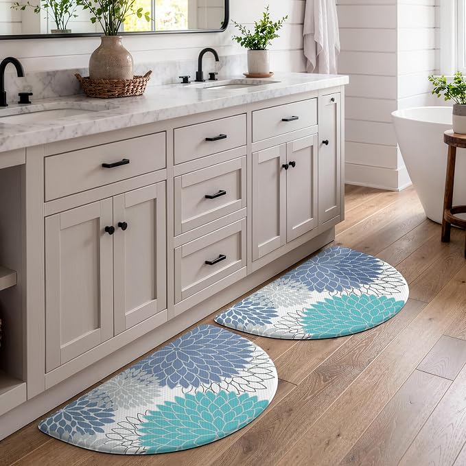 KIMODE Half Circle Anti Fatigue Mats for Kitchen Floor Kitchen Mats 2PCS | 18"x28+18"x28",Blue,Dahlia Floral Boho,Kitchen Rug Sets of 2,Non Slip,Waterproof,for Sink Office Laundry Bathroom Decor
