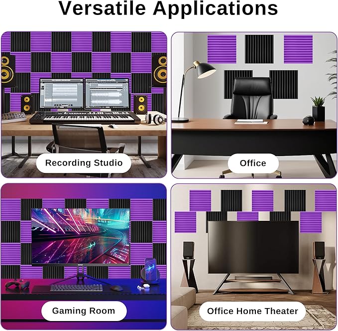 52 Pack Acoustic Foam Panels,1" x 12" x 12"Acoustic Wedge Studio Foam Sound Absorption Wall Panels (Black/Purple)