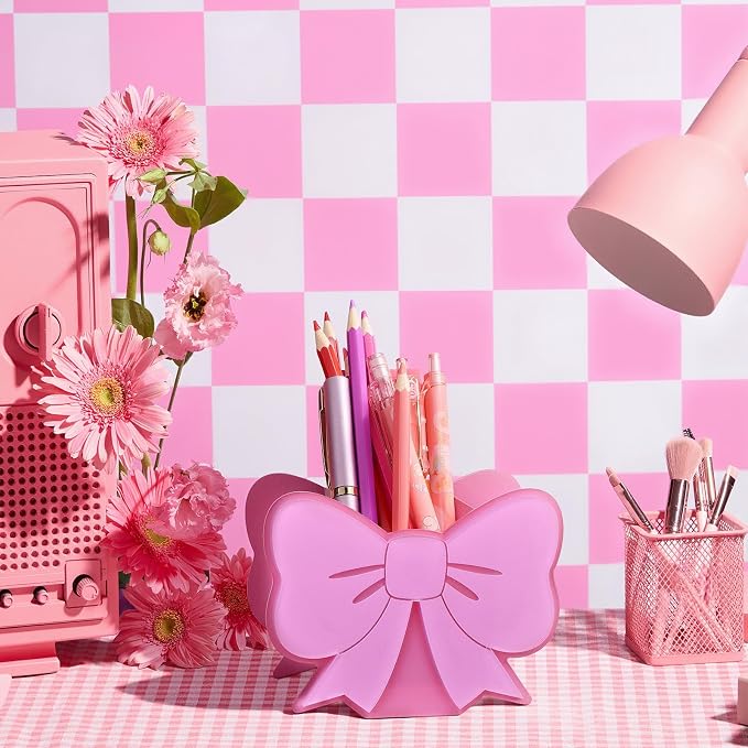 2 Sets Pink Pen Holder Pink Bow Pencil Holder Cute Desktop Pen Cup Makeup Brush Container Coquette Pinks Bow Desk Organizer-Assemble Acrylic Pen Holders Creative Stationery Storage Back to School Gift