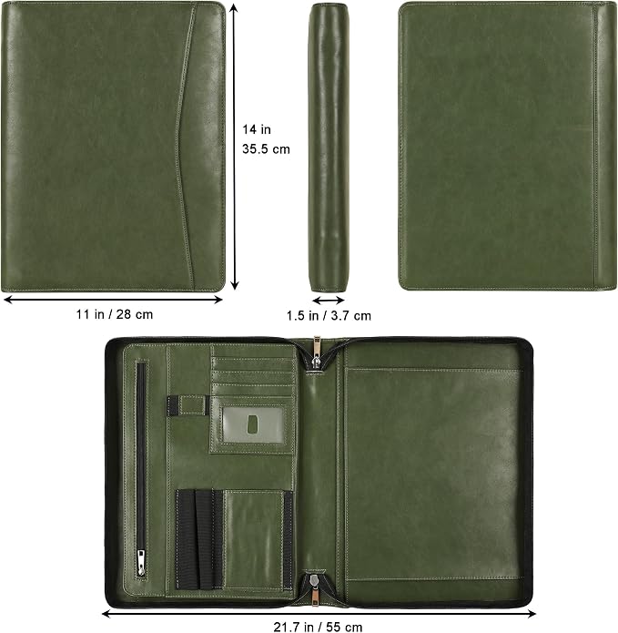Vegan Portfolio for Men, Business Padfolio with Zipper, Vegan Leather Folio with A4 Writing Pad Holder Portfolio Organizer for Resume, Interview, Meeting - Green