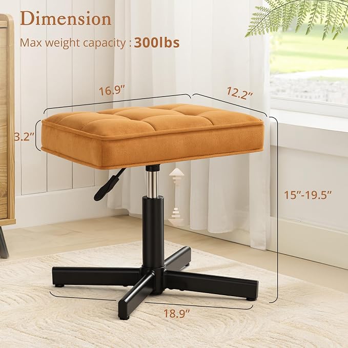 LUE BONA Adjustable Vanity Stool, 15''-19.5'' Foot Rest Under Desk, 360° Swivel Vanity Chair for Makeup Room, Ginger Yellow Upholstered Suede Ottoman for Bathroom & Living Room, 300lbs