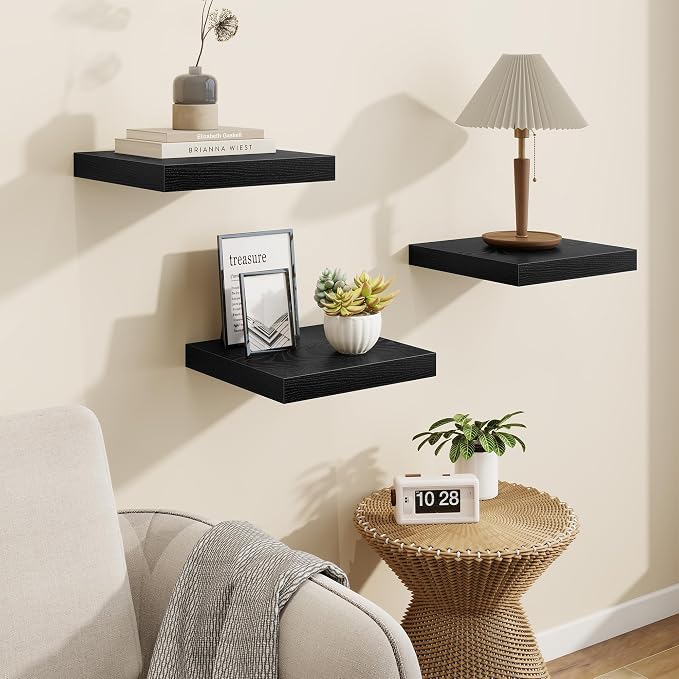 Square Floating Shelves for Wall, 10"W x 10"D x 1.25"H, 3 Packs Small Wall Mounted Engineered Wood Shelves with Invisible Brackets for Living Room, Bedroom, Bathroom, Kitchen Decor, Black