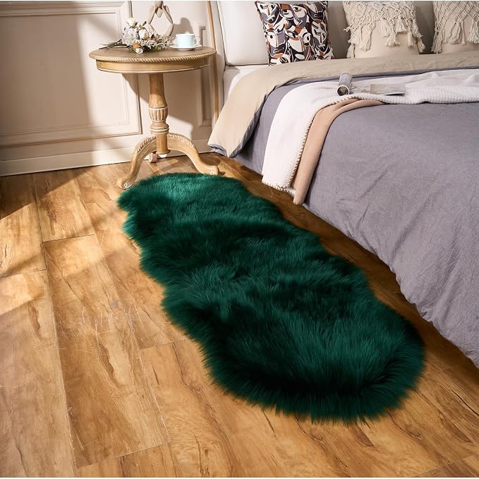 EasyJoy Ultra Soft Fluffy Shaggy Area Rug Faux Fur Rug Chair Cover Seat Pad Fuzzy Area Rug for Bedroom Floor Sofa Living Room (2 x 6 ft Sheepskin, Dark Green)