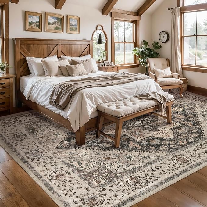 Tangsoo 8x10 Area Rugs for Living Room, Farmhouse Washable Rug Vintage Indoor Non Slip Large Area Rugs, Print Distressed Grey Carpet, Soft Low Pile Foldable Floor for Bedroom Dining Room Dorm Office