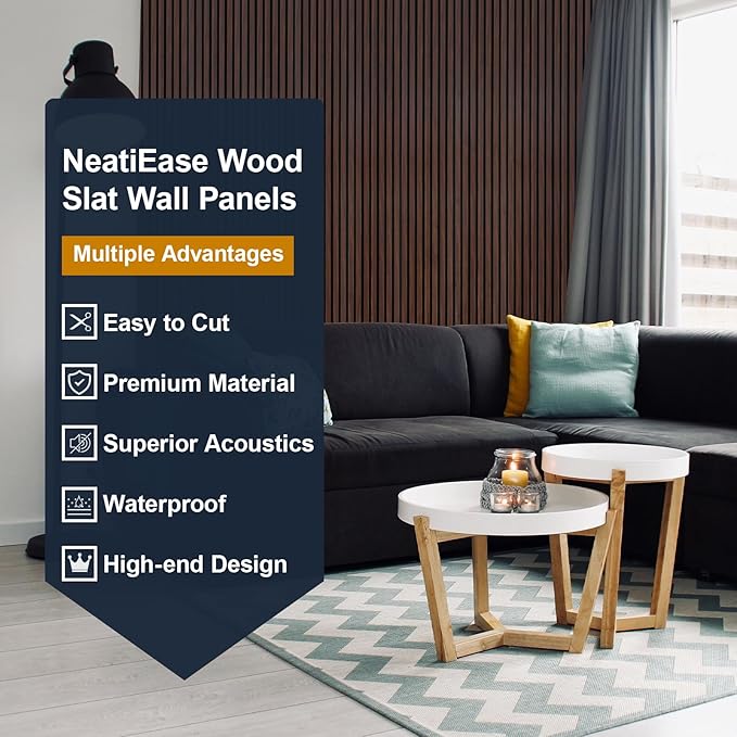 NeatiEase Wood Panels for Wall, 4-Piece 120" x 12.6" Soundproof Wood Slat Wall Panel for Interior Wall Decor Noise Cancelling, Acoustic Wall Panels, Sound Absorbing Panel (Rustic Walnut)