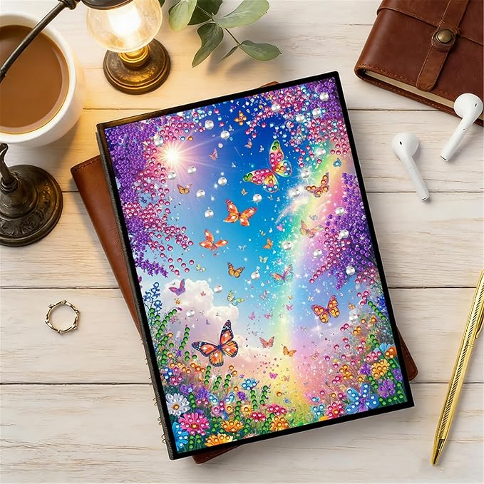 FRANDEK Diamond Art Painting Notebook Kit, Colorful Butterfly A5 DIY Journal with 50 Blank Pages, Crystal Rhinestone Cover with Waterproof Canvas, Beginner Craft Set with Full Tools for Adults