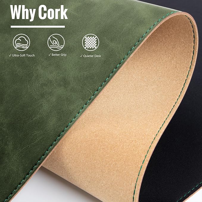 HAUTOCO Cork Desk Mat 31.5"x15.7", Distressed PU Leather & Cloth Desk Pad | Waterproof, Non-Slip, Stitched Edges, Dark Green Large Gaming Mouse Pad, Laptop Blotter & Desk Protector for Office and Home