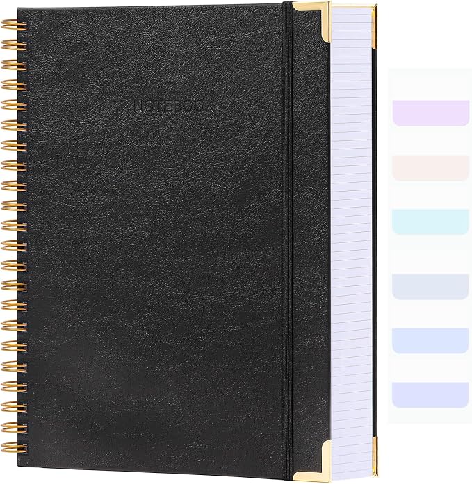 Graph Paper Notebook, 8.5" x 11" Spiral Notebook, 300 Page Hardcover Graphing Notebook for School, Leather Notebooks for Work, Engineering, Thick Large A4 Grid Notebook, 5 Squares, 24Pcs Tabs, Black